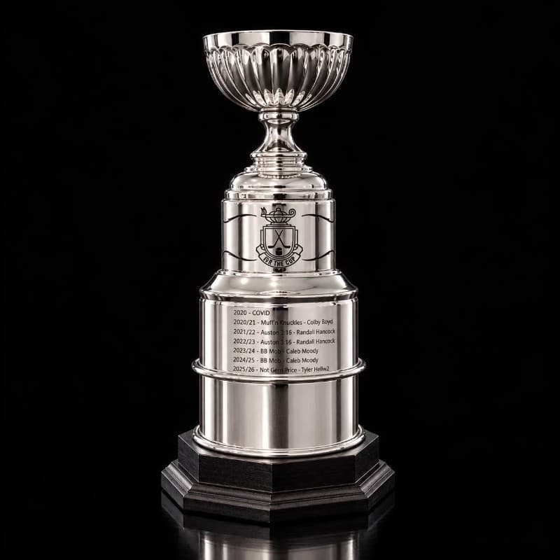 Custom silver fantasy hockey championship trophy engraved with each season’s league winner